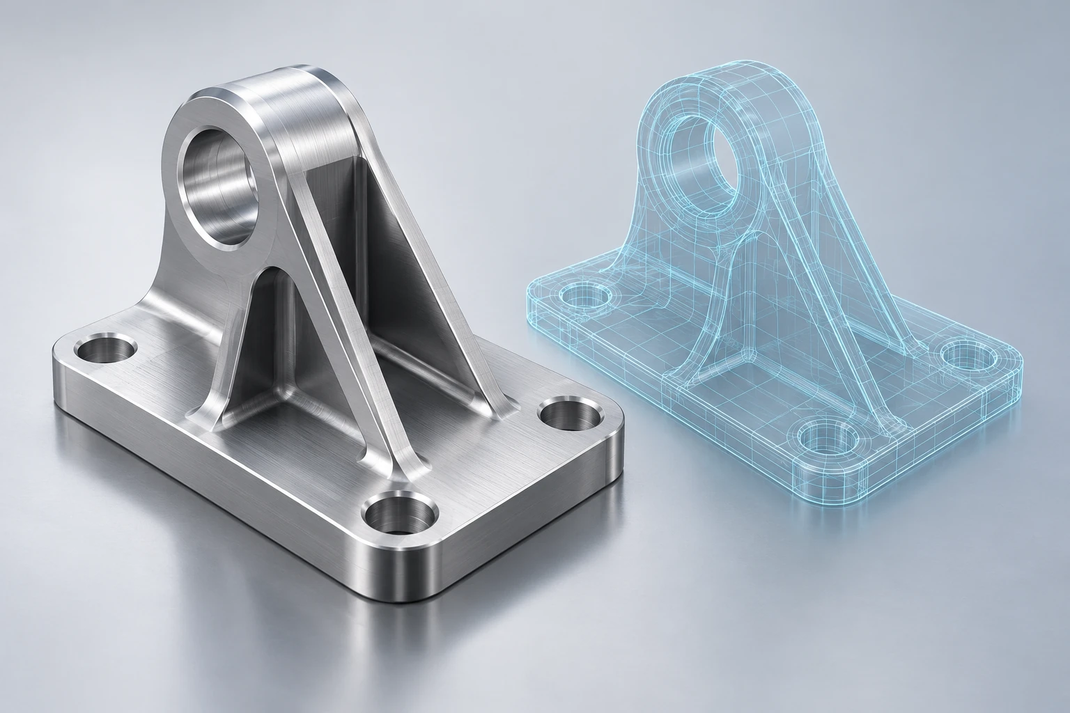 Illustrative machined bracket and its CAD wireframe representation
