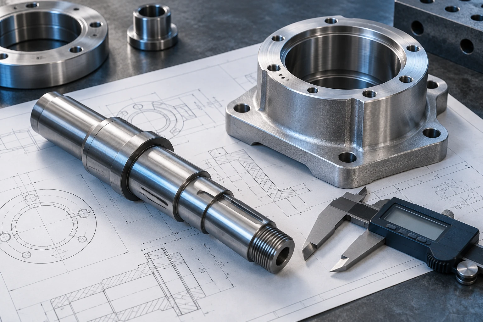 Illustrative precision shaft and housing with a caliper and engineering drawing for dimensional review