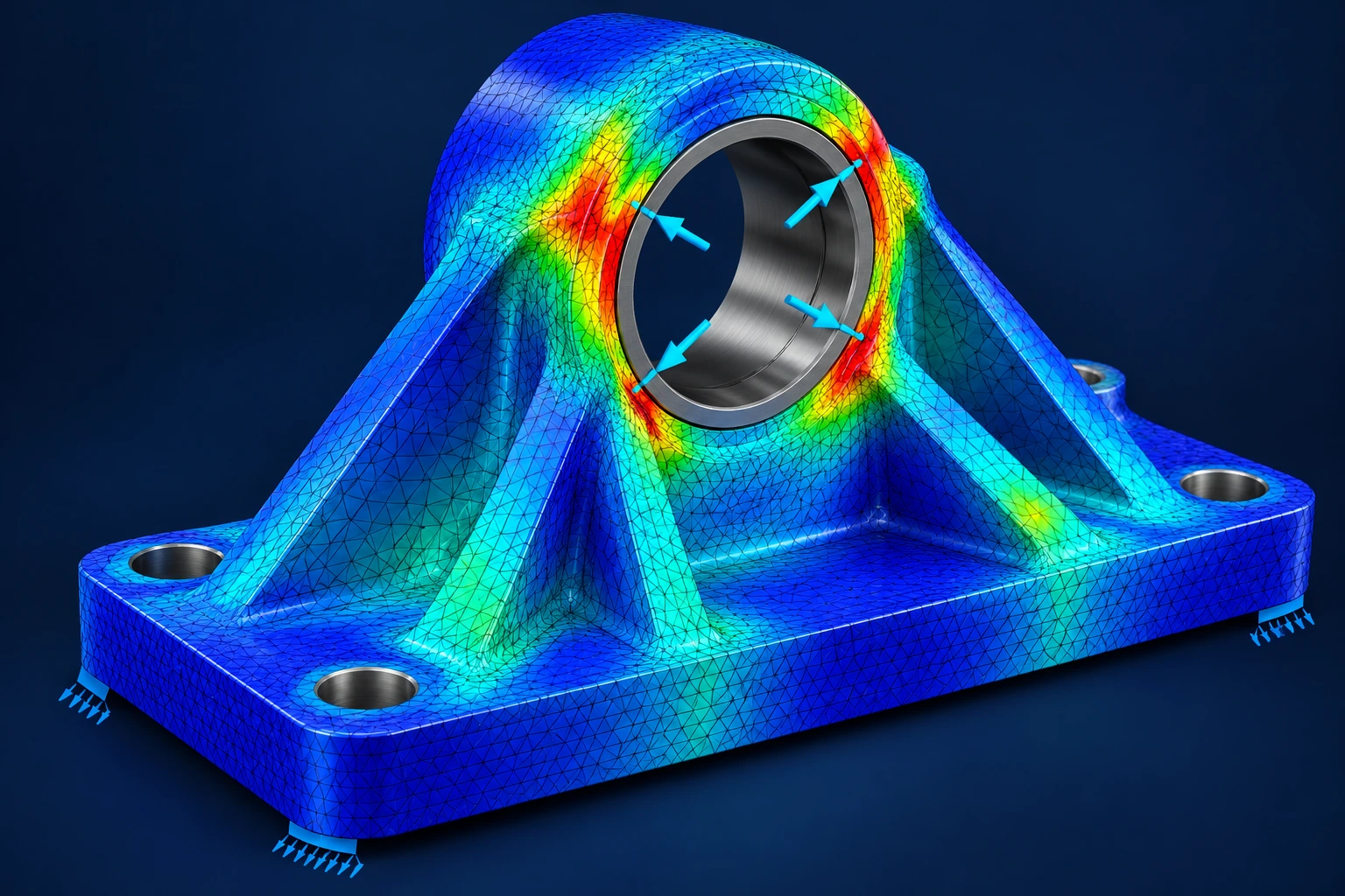 Illustrative 3D bearing-support bracket with finite-element mesh and stress-contour visualization