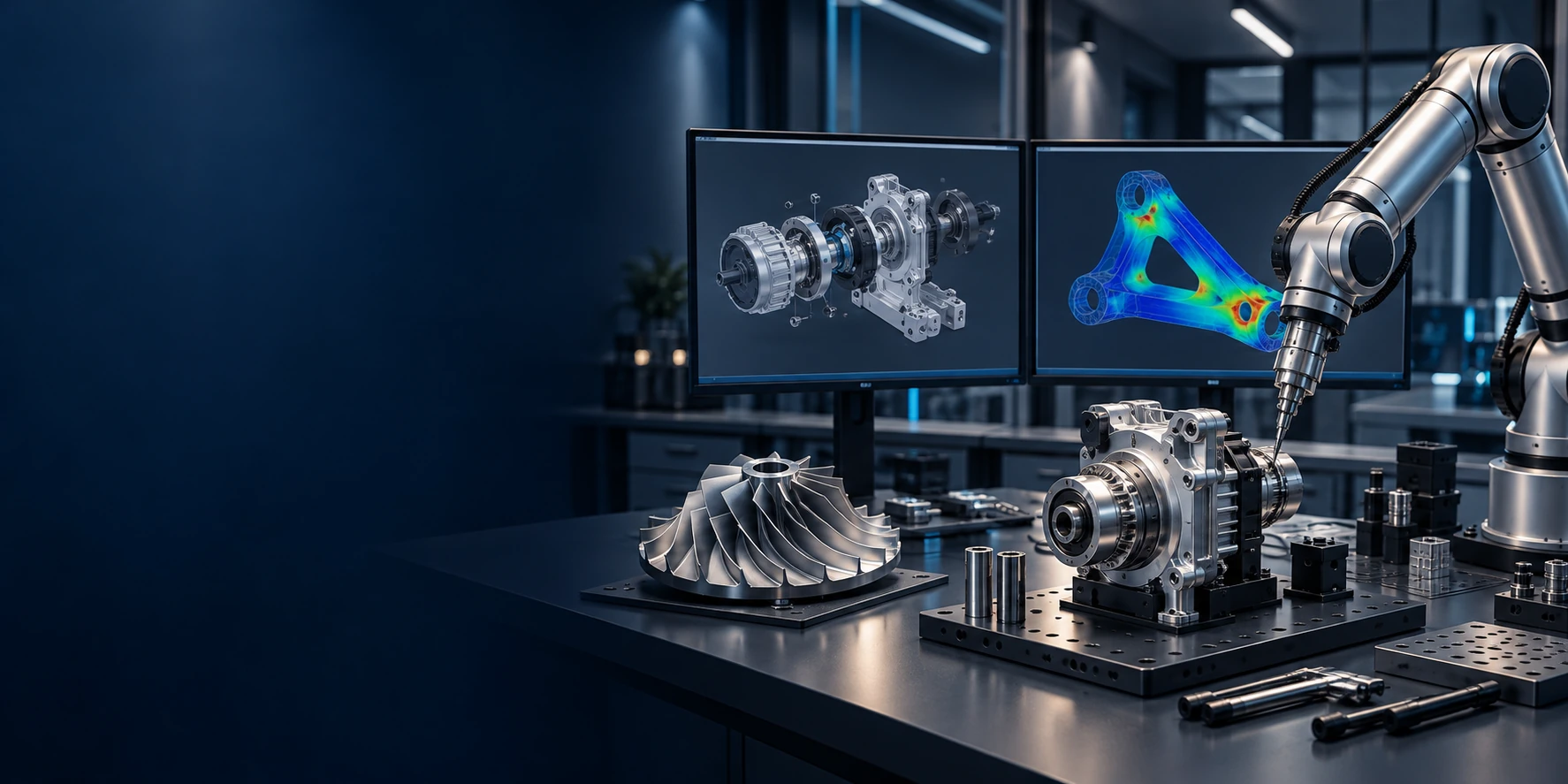 Illustrative engineering studio combining CAD design, mechanical simulation, precision components and product validation equipment