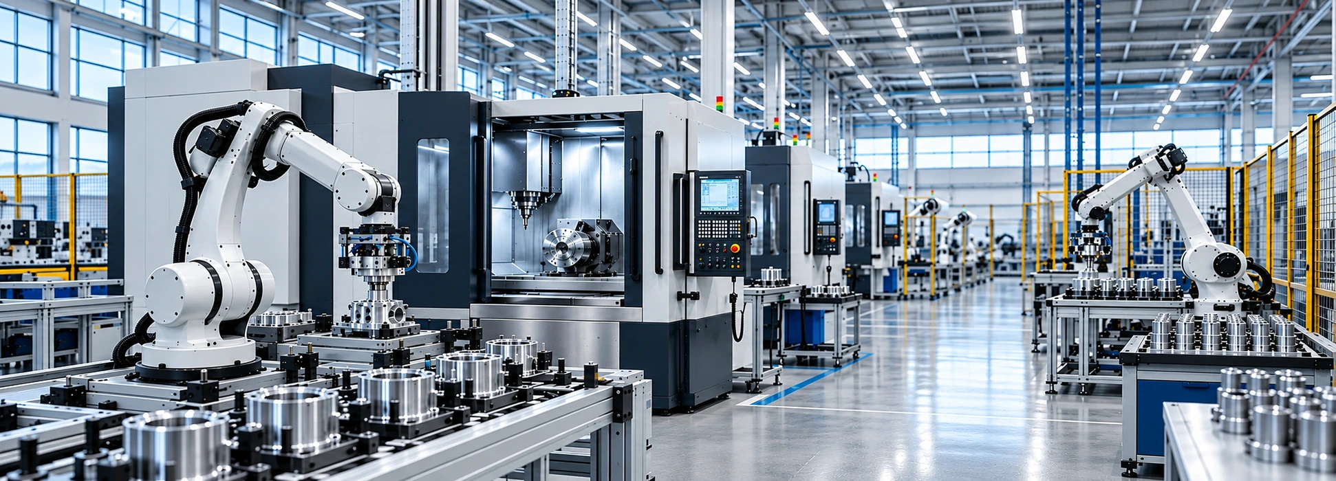 Illustrative automated manufacturing environment with robotic and CNC equipment