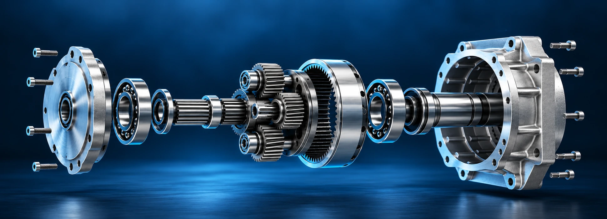 Illustrative exploded precision gearbox with mechanical shafts, gears and bearings